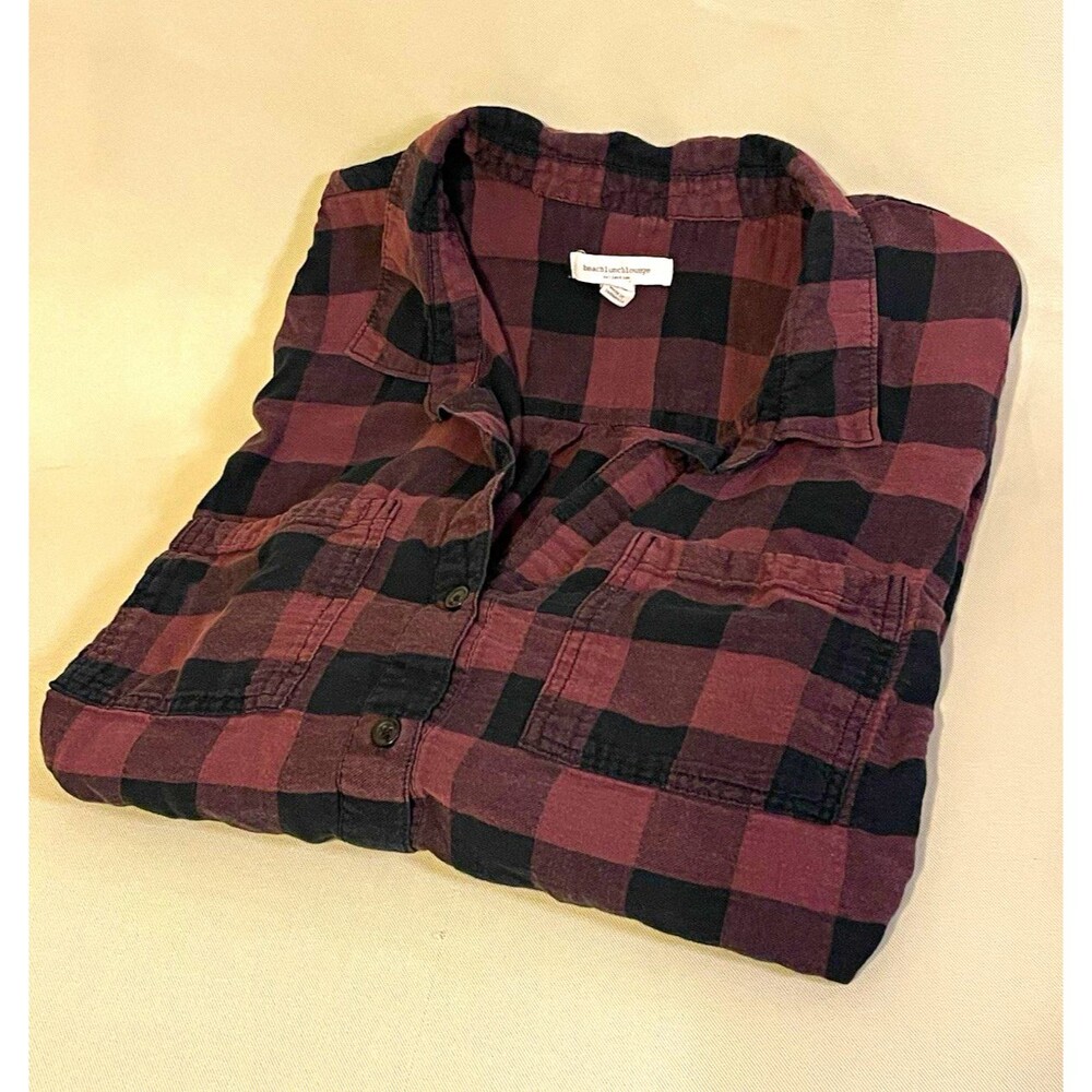 beachlunchlounge Purple Black Plaid Flannel Collared Button-Up Long Sleeve L
